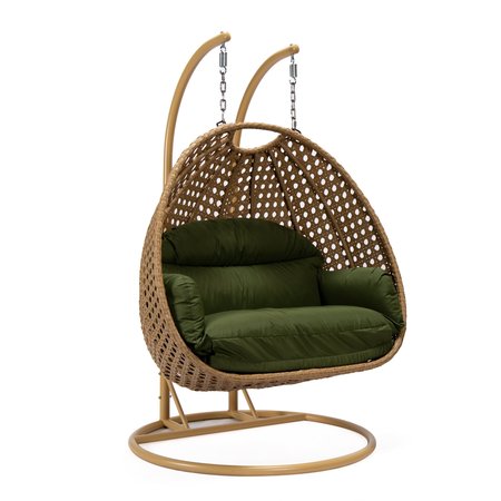 LEISUREMOD Mendoza Light Brown Wicker Hanging 2 person Egg Swing Chair with Dark Green Cushions MSCLBR-53DG